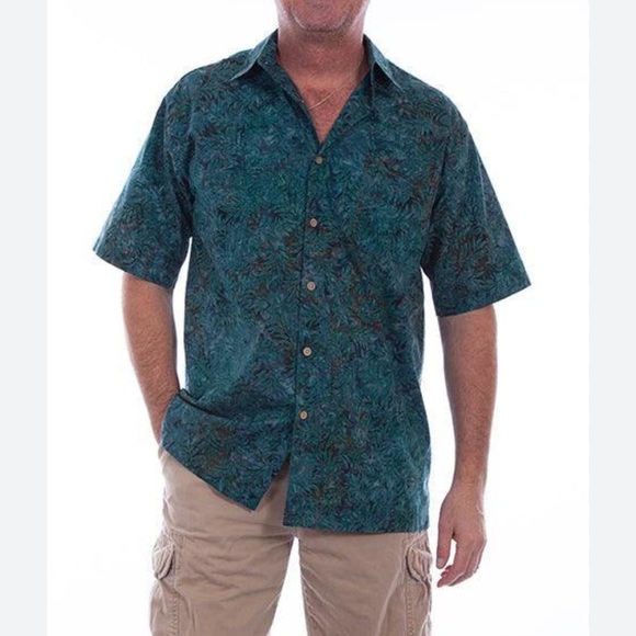 Scully Western Tropic Print Collared Shirt Teal Button Up Short Sleeve XXL - Picture 2 of 9